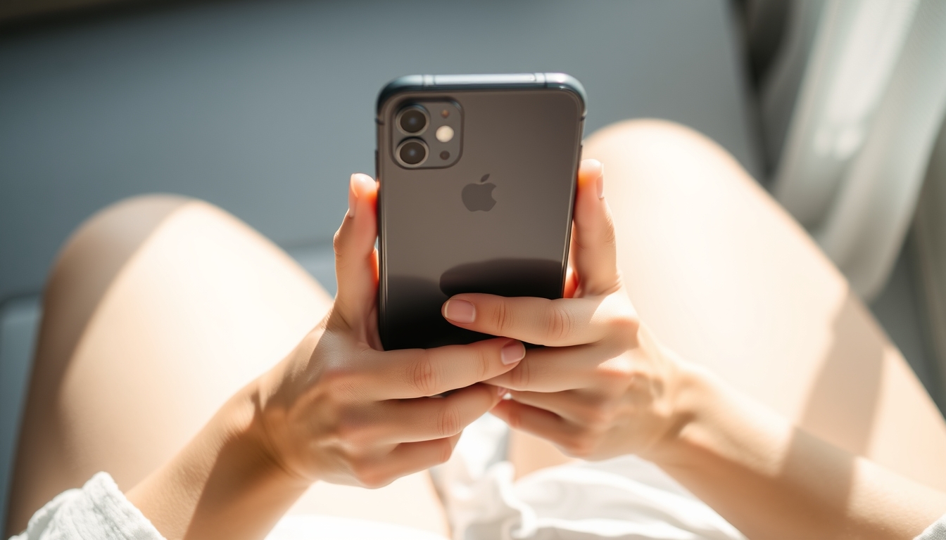 She is playing mobile games on the sofa with her iPhone 15 in both hands. Her fingers are slender and her skin is fair and translucent. The sun shines on her hands and the back of the iPhone 15 from the window. A close-up of the iPhone 15 is held in both hands. No face needs to be shown. - Image