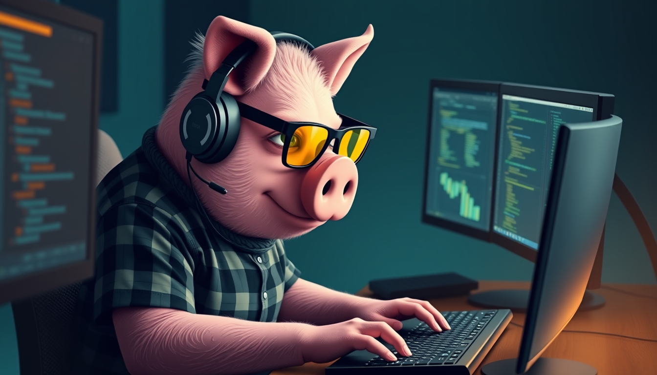 A tech-savvy porcine coder, donning yellow-tinted glasses and sleek noise-cancelling headphones, hunches over a cutting-edge multi-monitor setup. The anthropomorphic pig exudes focus, typing furiously while wearing a plaid t-shirt.