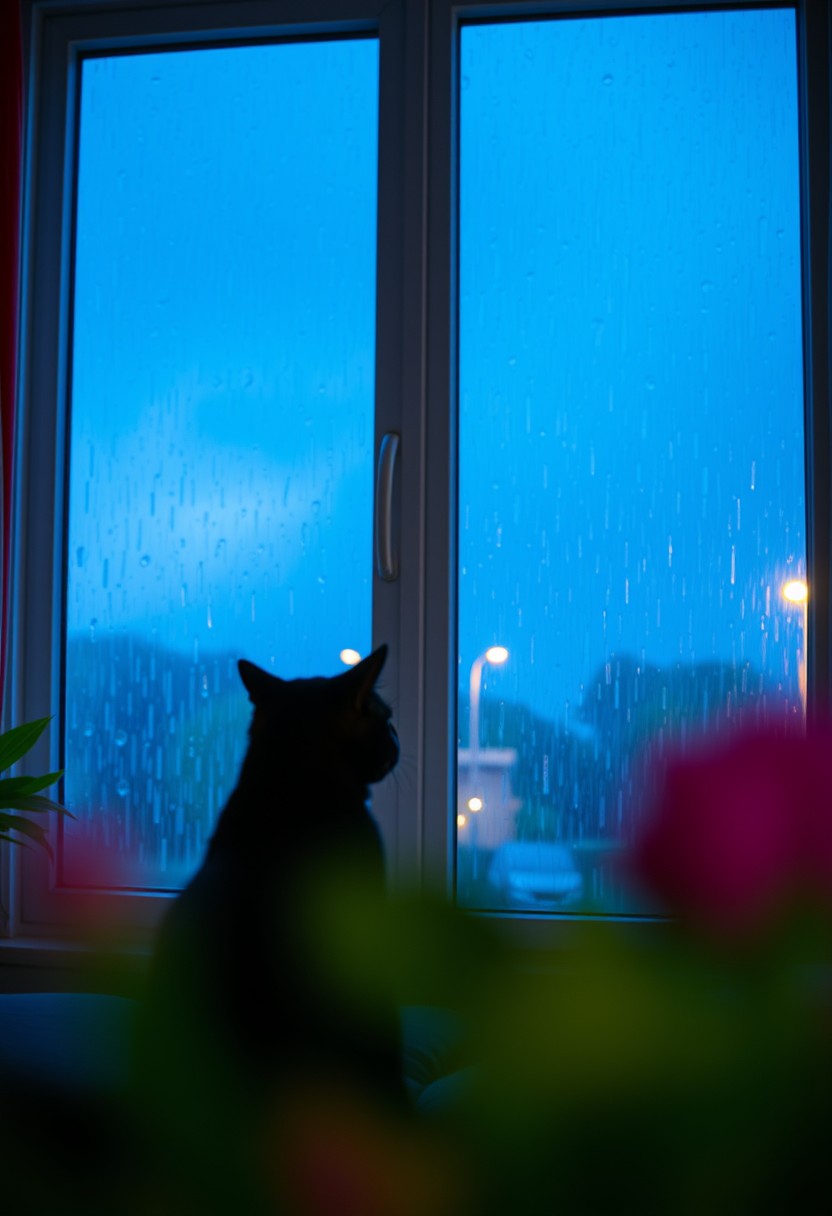 A large east design window, there was a huge rainstorm outside the window, aesthetic sense, royal blue, glowing neon yellow, pink, depth of field, foreground blur, comfortable, comfortable, relaxed, a cat, master composition.