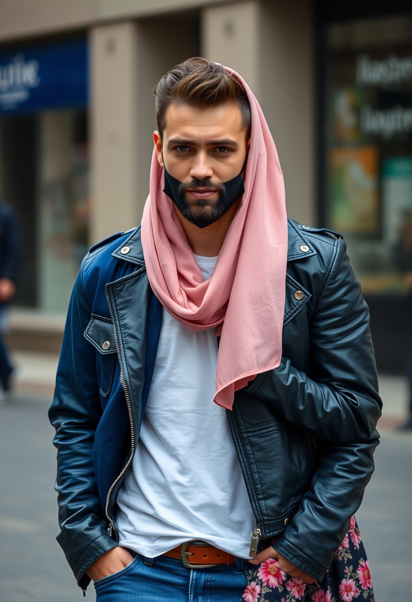 Jamie Dornan's face, hair and body shot, handsome, young, shaved, white T-shirt, blue jacket, jeans, dating love with biggest soft pink hijab, black leather jacket, black face mask, biggest floral skirt, hyper realistic, street photography.