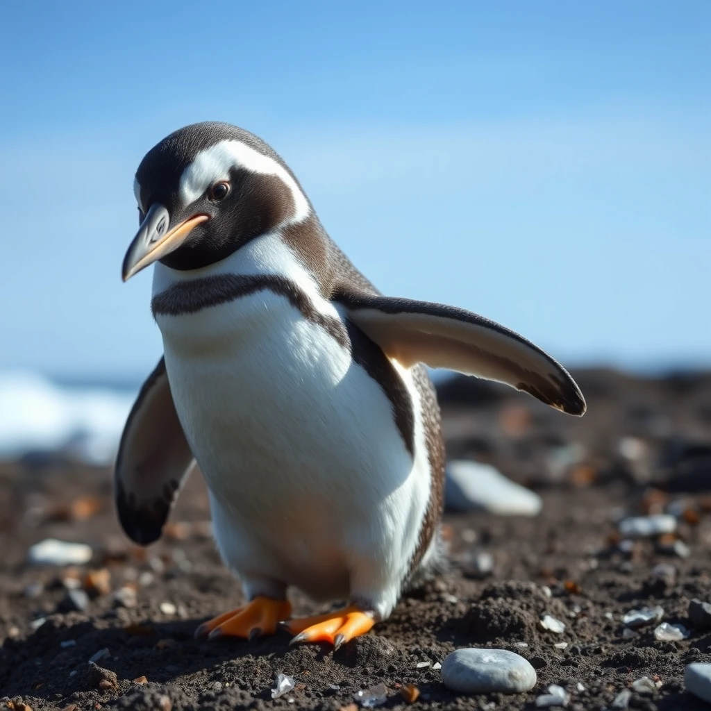 A penguin that has run away from home is wandering around.