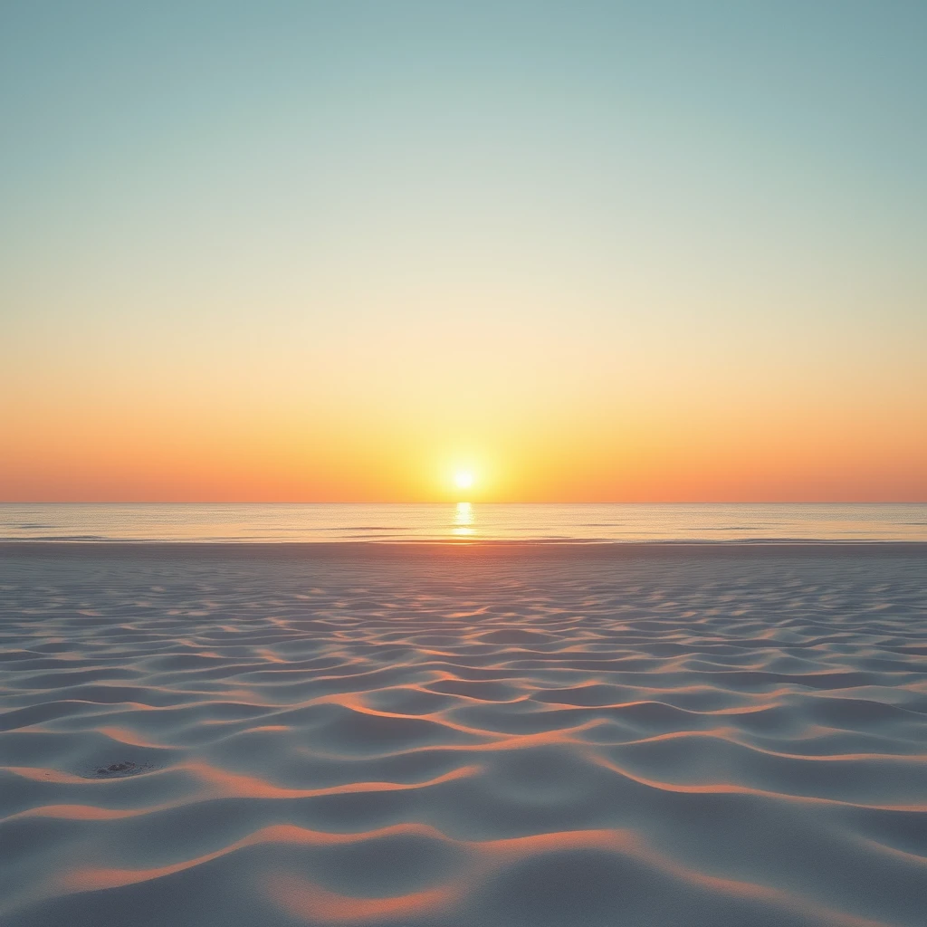 Create a serene minimalist beach landscape featuring soft sand and clear water, with a breathtaking sunset in the background. The color palette should focus on warm sand tones and soft pastels, emphasizing tranquility and simplicity. High quality, 8k resolution, --chaos 100 --ar 4:7 --q 2. - Image