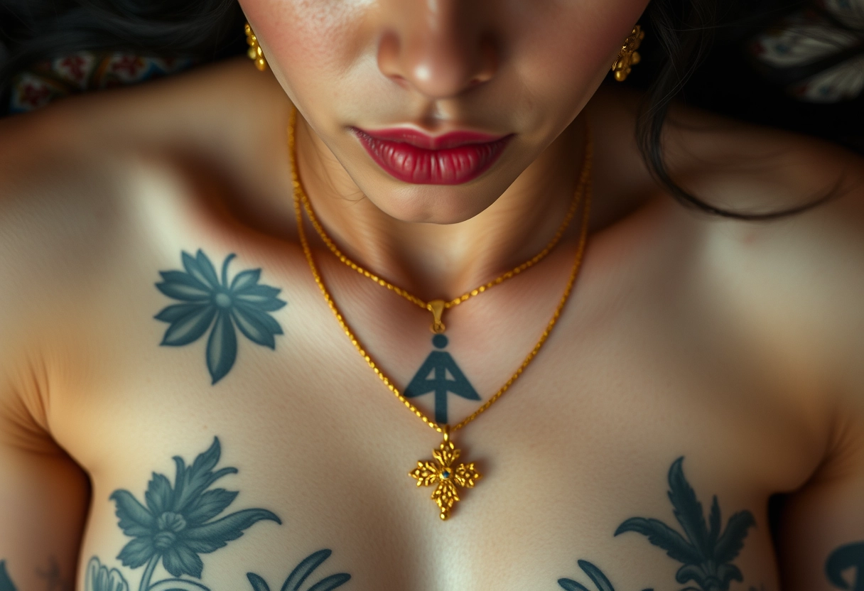 Close-up view of the tattooed chest of a Korean-Indian woman with white skin and beautiful facial features, blue eyes, wearing gold ornaments, lying down with her face hanging down.