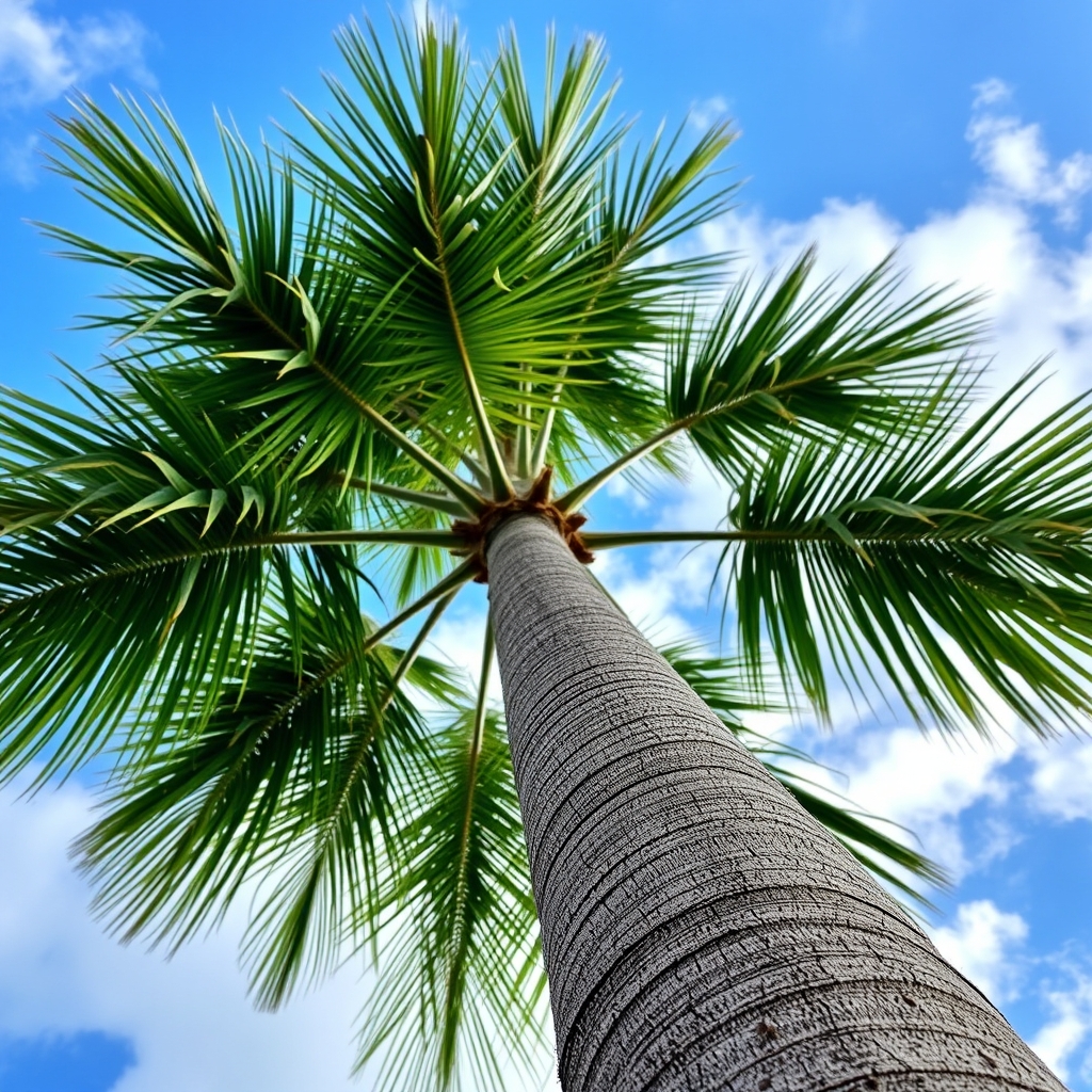 Palm tree trunk and leaves with a blue sky and clouds in the background.