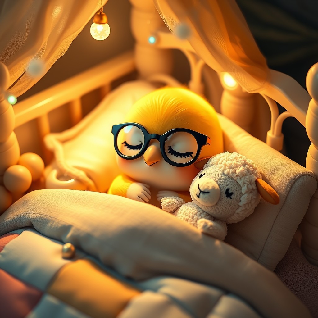 It's night. A sweet, delicate, tender Kawaii little bird with a small rounded beak is wearing glasses, resting its head on the pillow, deeply asleep in its precious little bed with tiny jingle bells, soft colored lights, and childish details that have the name PICHONCITA written on it, with patchwork blankets, hugging a tiny, cute stuffed sheep. - Image