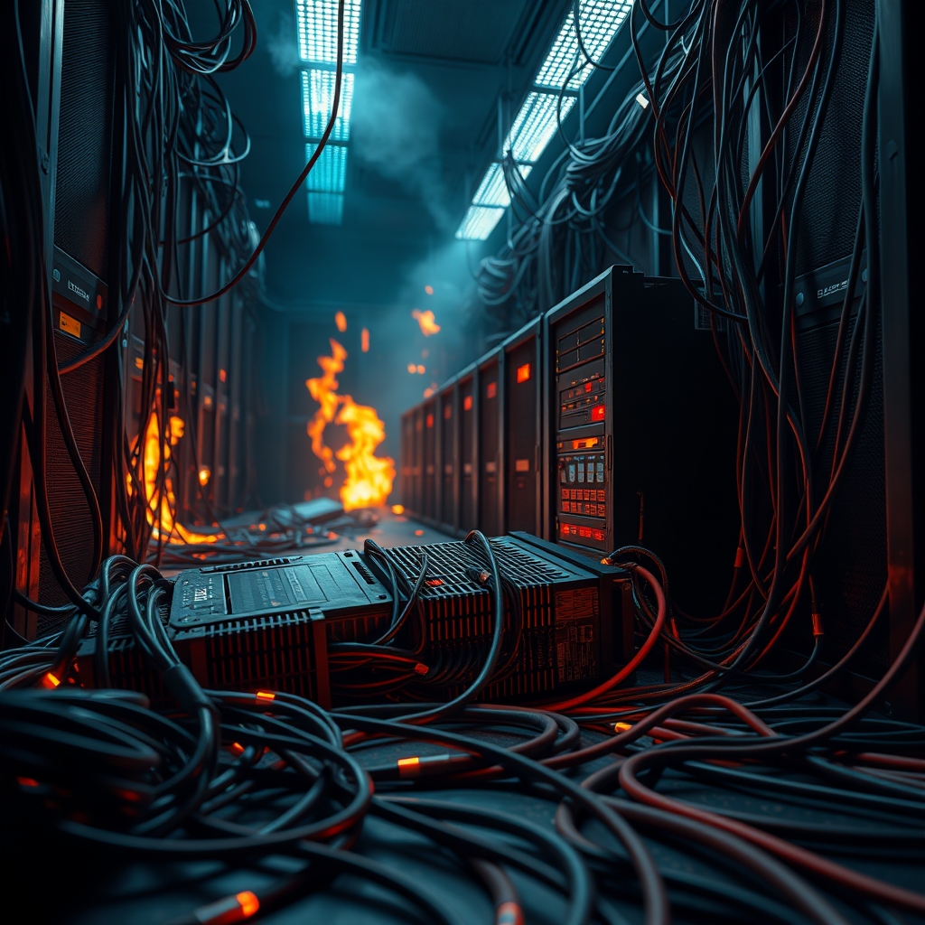 A server lying in cables wants you to end its misery, (server-room:1.3), background in flames, server, cables, can't win!, 404, sharp, detailed, cinematic, epic scale, detailed. - Image