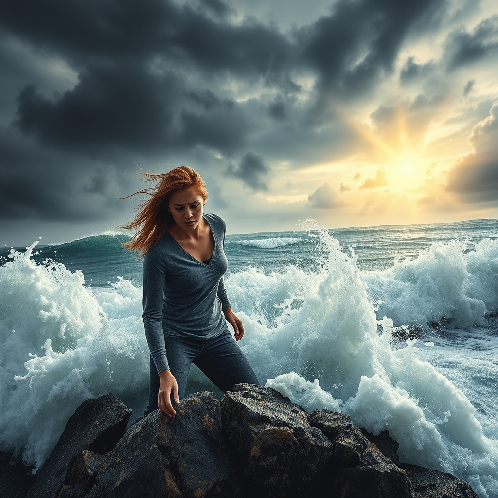 A troubled woman stands on a rocky shore as the relentless ocean waves crash around her, their frothy white crests reaching out like desperate hands. The sky above is a swirl of stormy grays, with the sun struggling to break through the clouds. The woman's hair whips around her face as she clings to the rock, her eyes filled with a mixture of fear and determination. The waves, powerful and unyielding, seem to mirror her inner turmoil, yet there is a sense of hope in the air, as if the sun's rays are trying to pierce through the darkness and bring her peace. - Image