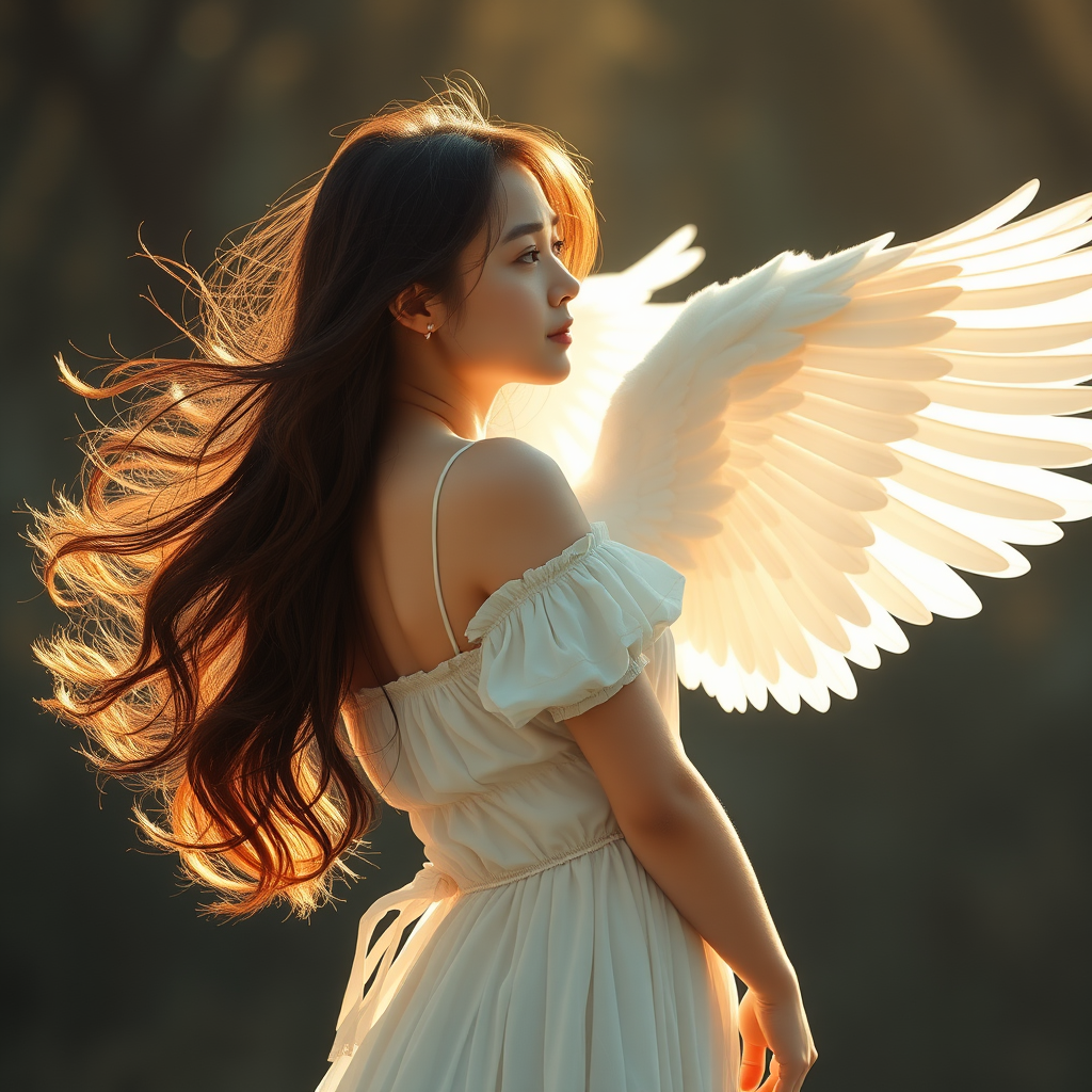 Korean idol girl angel, wind wave long hair, spread big wings on the back, full body, side view, side lighting, background bokeh, super realistic, film look.