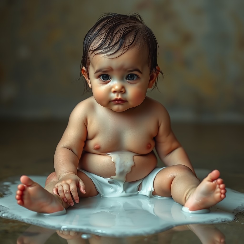 cute little girl with wet oily skin sitting with her legs spread covered in translucent white liquid - Image