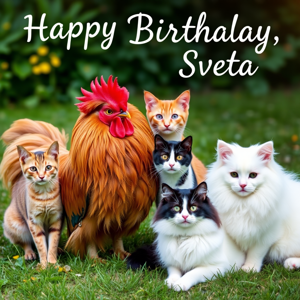 Picture with birthday greetings to Sveta. The picture should show a red Maine Coon, a light red mongrel cat, a black and white regular cat, and a white German Spitz. - Image