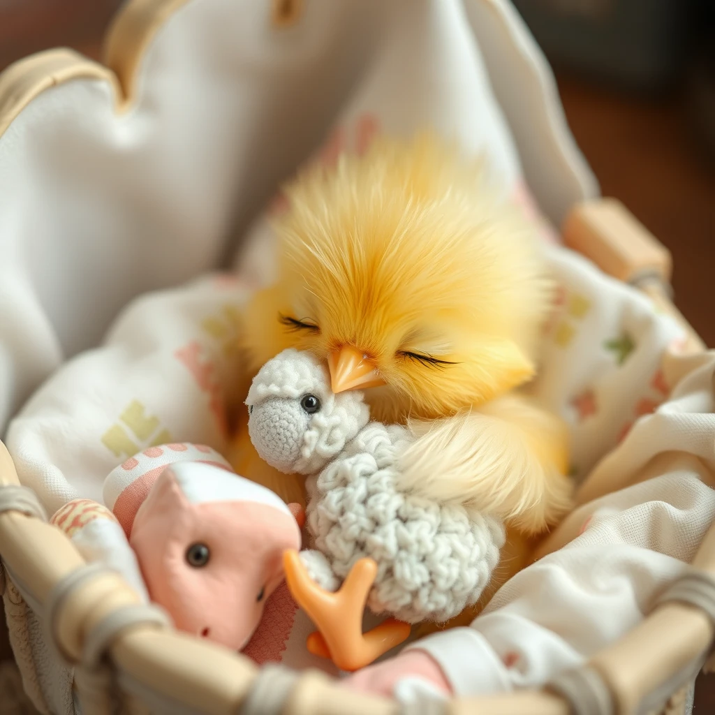 Sweet delicate little chick, Kawaii with a small rounded beak, sleeping in its precious little bed with childlike details, with patchwork blankets, hugging a tiny cute plush sheep. - Image