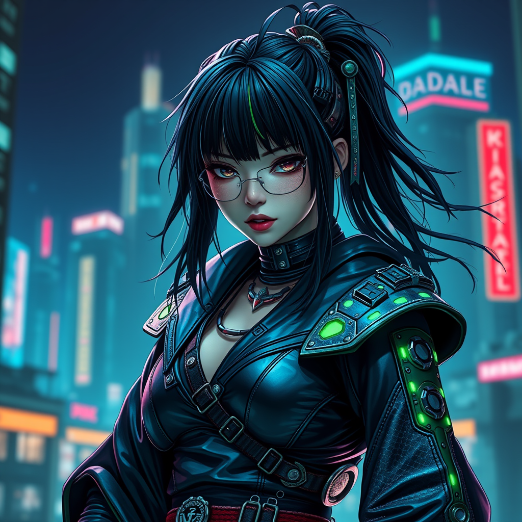 Cyber Samurai style of women warrior with rugged black hair and cybernetic implants | merging leather garments with futuristic cyberpunk elements | flowing robes and high-tech armor plating | dystopian cityscape background | in deep blue and neon green. hyper-real, 8k, AR, cute face style. - Image