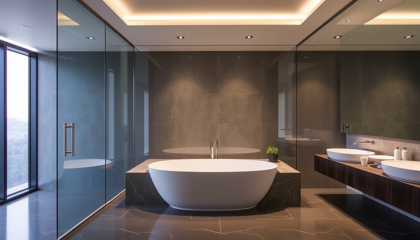 A sleek modern bathroom with glass walls and a luxurious soaking tub.