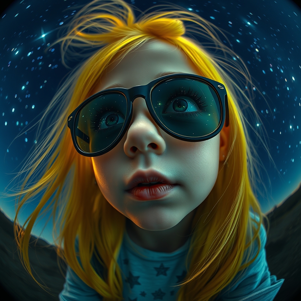 A hyper-realistic scene depicting a young girl with yellow hair and big sunglasses, with the reflections of stars, looking into the starry night. Fisheye lens perspective. - Image