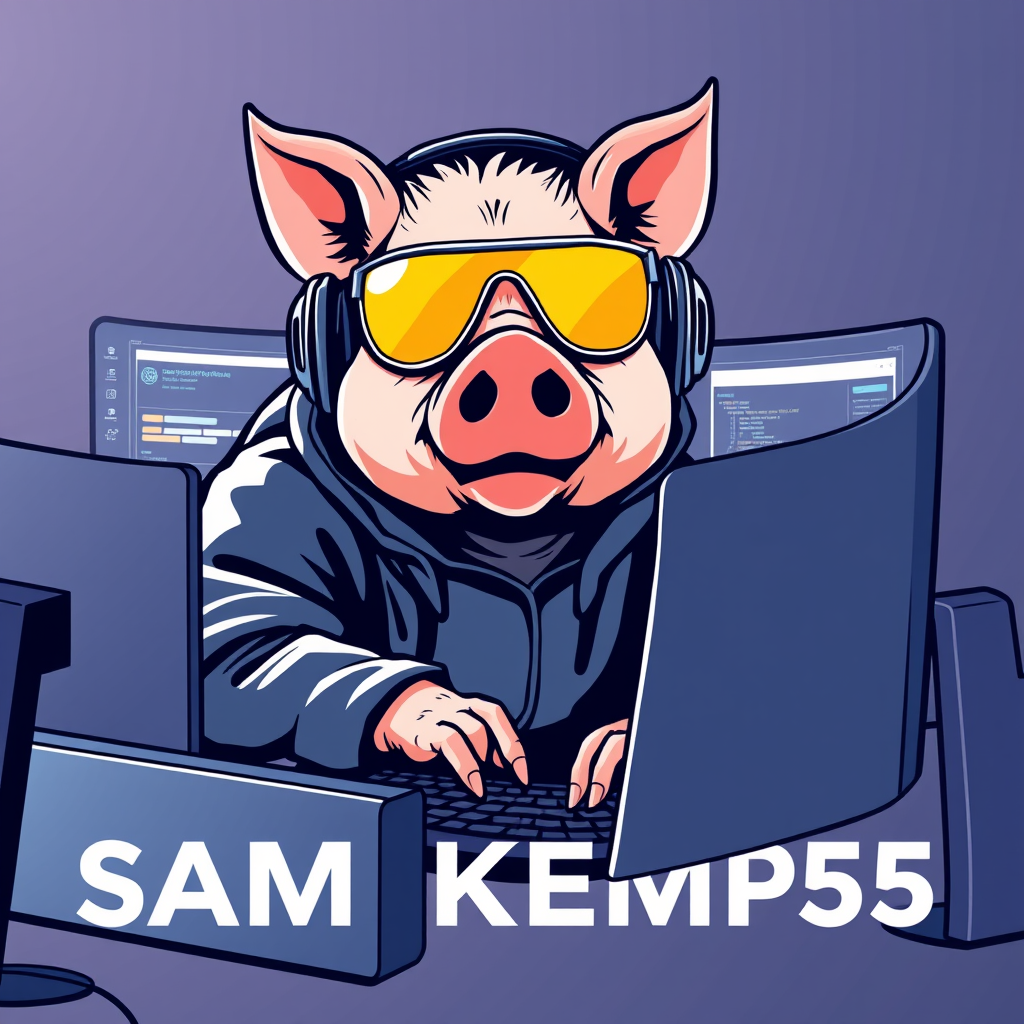 A tech-savvy porcine coder, donning retro yellow-tinted aviators and sleek noise-cancelling headphones, hunches over a cutting-edge curved multi-monitor setup. The anthropomorphic pig exudes focus, typing furiously. Design a minimalist logo for "SAMKEMP55," emphasizing clean lines and a futuristic feel. - Image