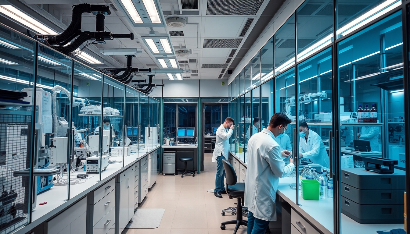 A high-tech laboratory with glass walls and advanced equipment, scientists at work.