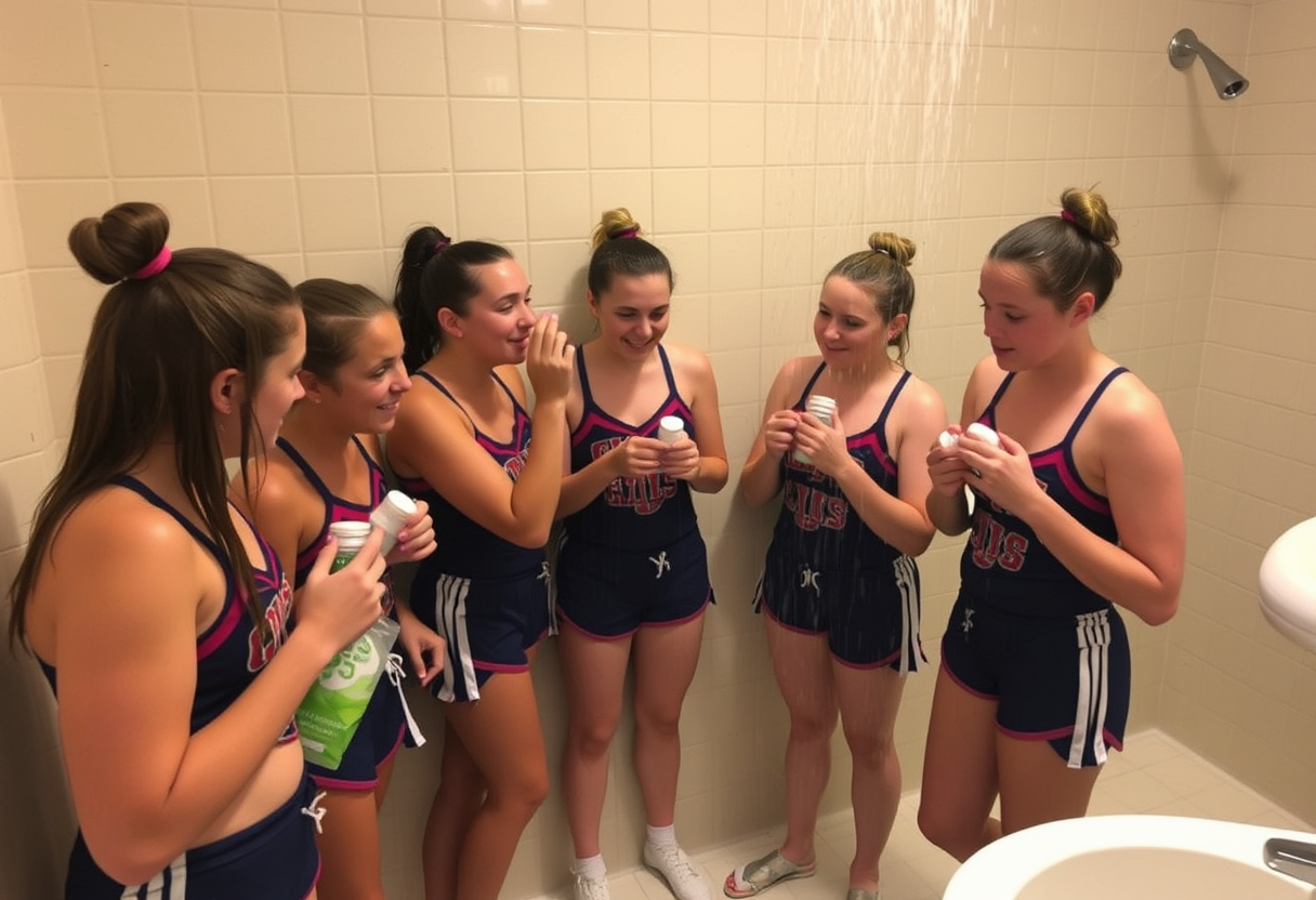 Cheer campers take drugs while they enjoy their post-practice shower.