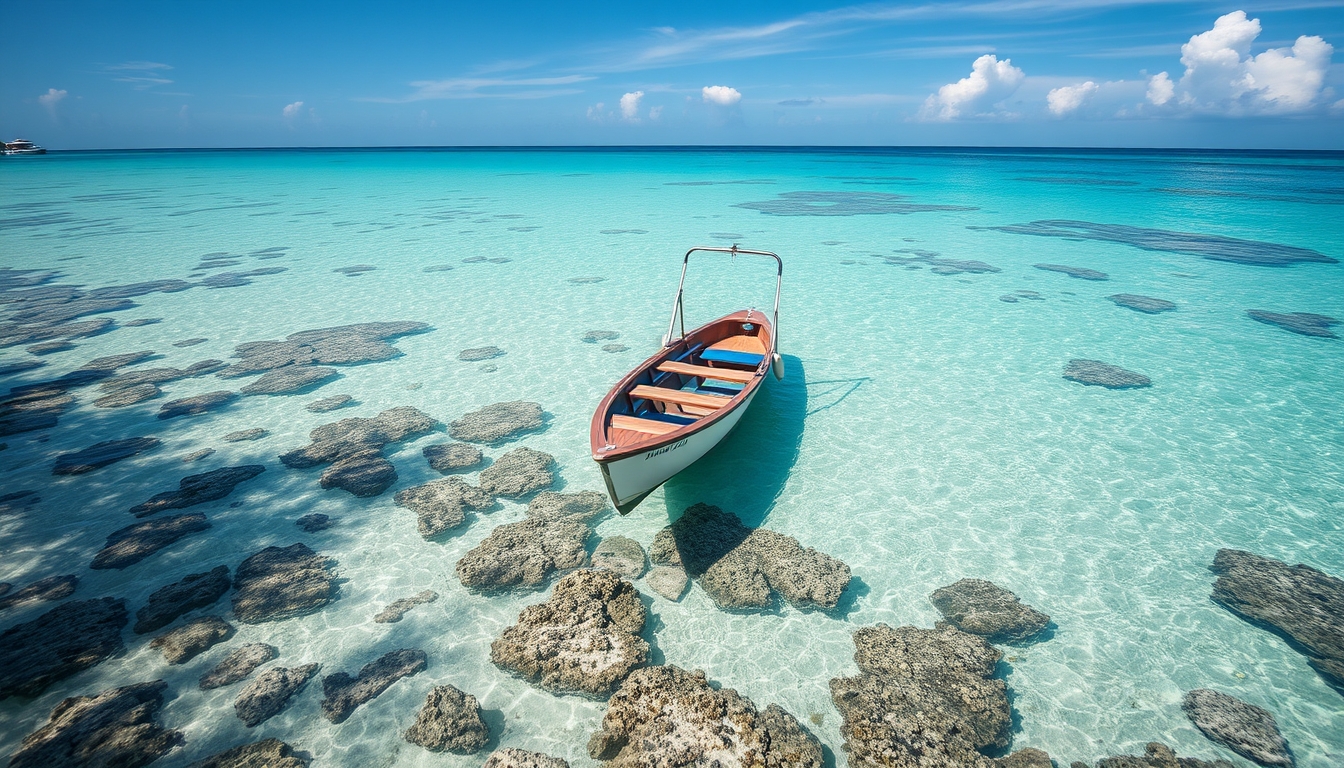 A tranquil beach with a glass-bottomed boat floating over a coral reef.