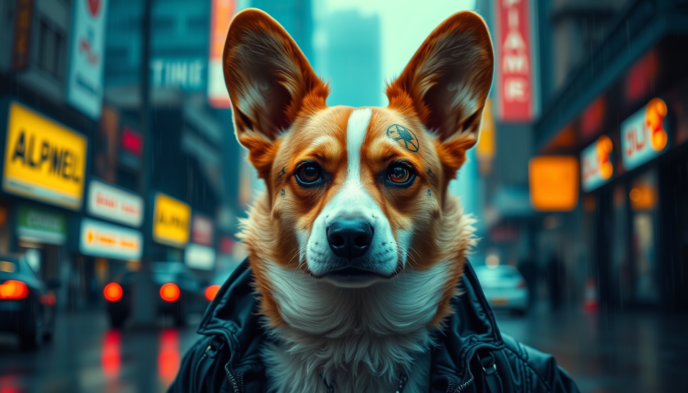 An adult corgi stands in a cyberpunk city, in the rain. He's wearing a cyberpunk style jacket. The corgi has an augmentation on his right eye and many scars. Cyberpunk implants are visible on the corgi. A masterpiece, maximum detail, cinematography.