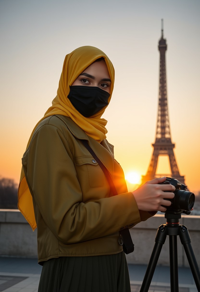 Biggest hijab yellow Muslim girl, beautiful eyes, face mask black, green army leather jacket, biggest skirt, camera dslr canon, tripod, taking photos of Eiffel Tower, sunrise, morning scenery, hyper realistic, street photography.