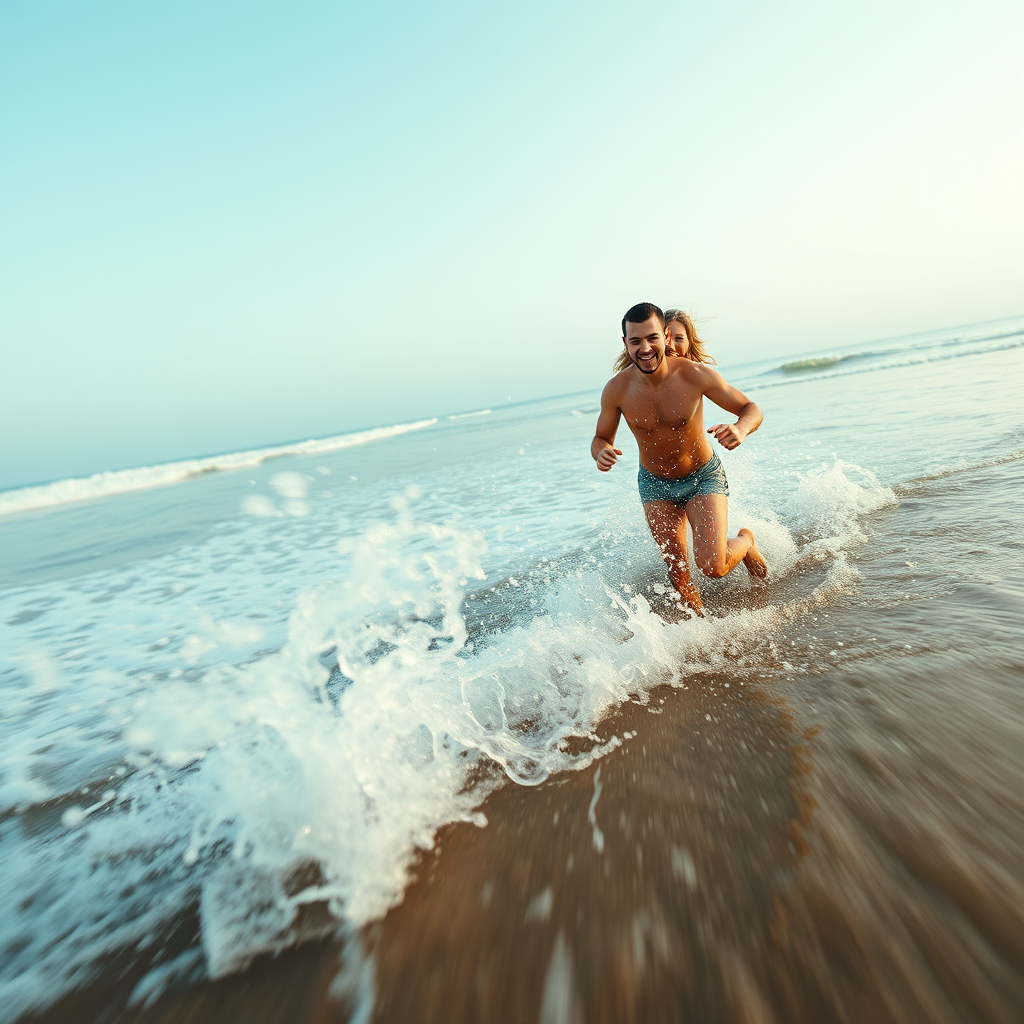 Super Slow Motion Shot of couple running in the water at beach Moving Towards Camera, water splash, close-up. - Image