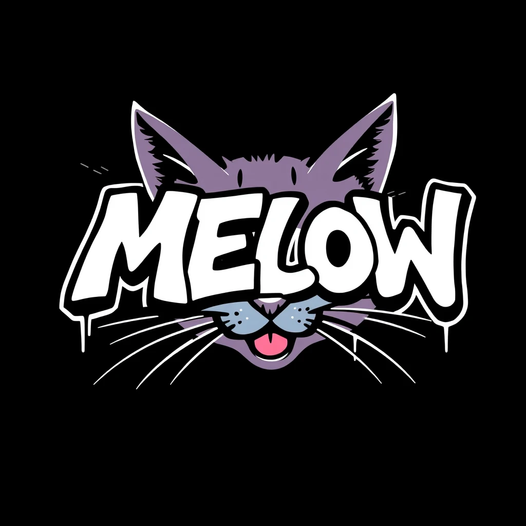 "MEOW", simple, graffiti, solid color, Y2K STYLE art by sullen powell peralta, center png, black background. - Image