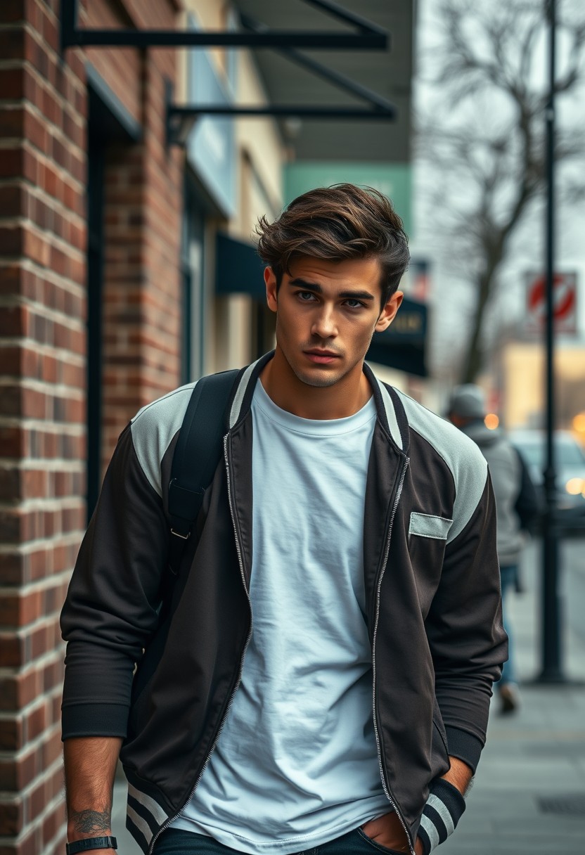 Christian Grey head and body shot, handsome young man, dark brown hair, serious face, white T-shirt, college jacket, skinny jeans, sneakers, walking stylishly, near a cafe, hyper-realistic, street photography, brick wall, full body photo, morning scenery. - Image