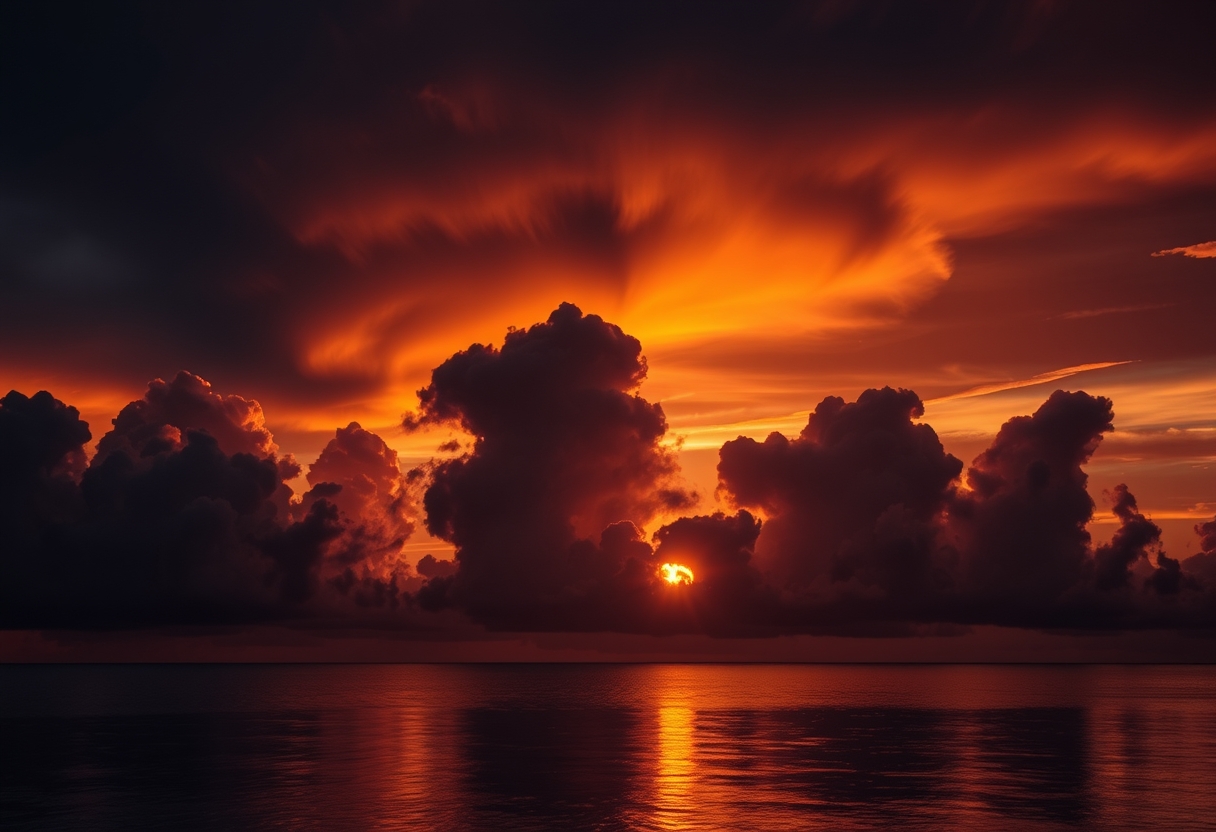 Dramatic, fiery sunset, clouds, silhouettes, high quality, photorealistic, evening sky, reflection, serene, seashells.