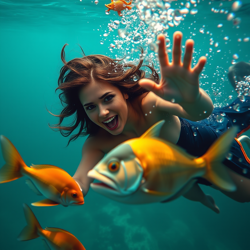 A beautiful woman is diving deep into the sea, but the woman is trying to escape from the fish.