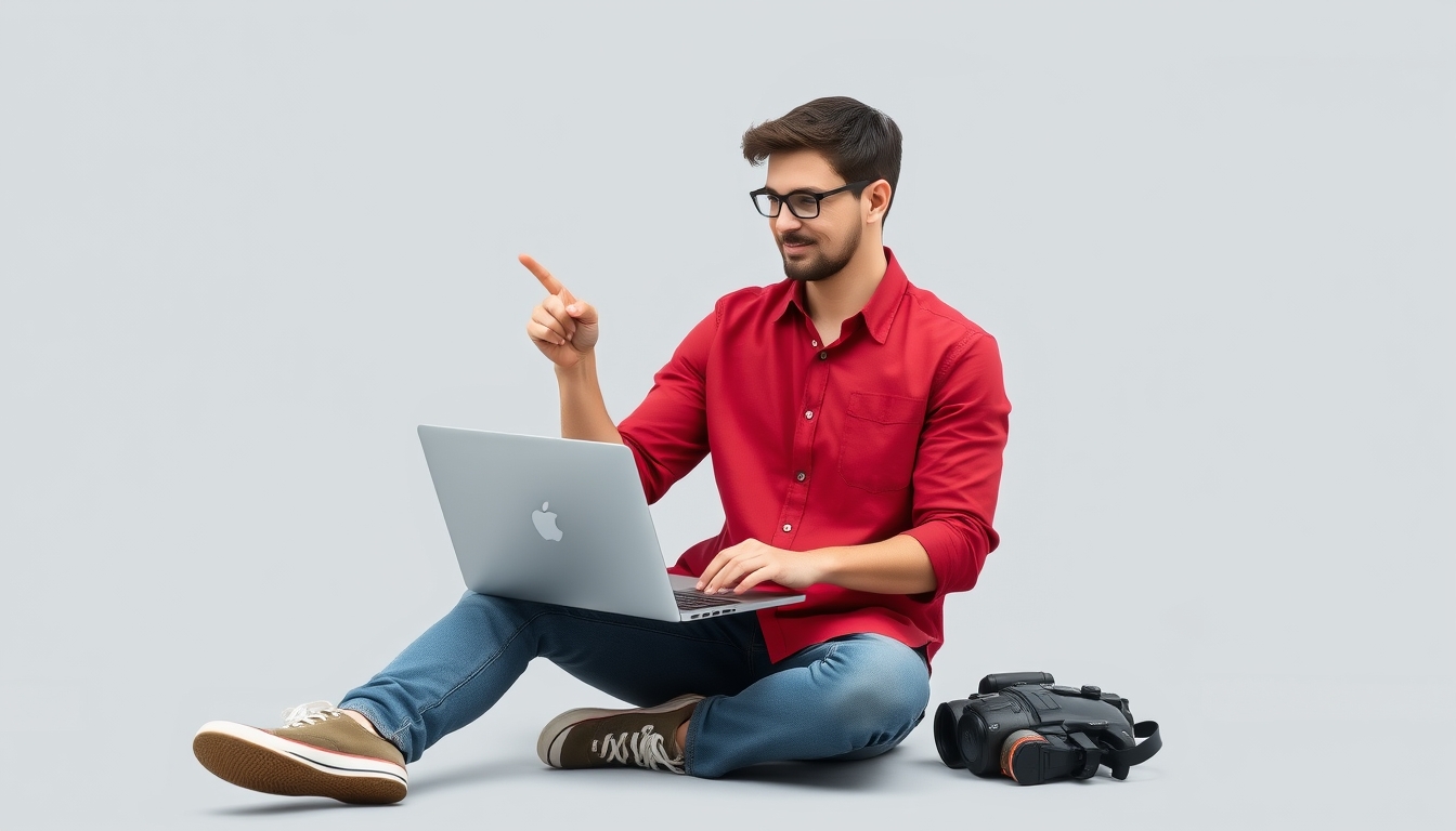 A full-body young IT man wearing a red shirt and casual clothes sits holding and using a laptop computer, pointing his finger to the side in an area isolated on a plain grey color background in a studio. This is a lifestyle concept. - Image