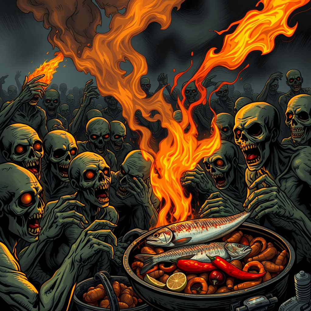 A horde of zombies being exterminated by the intense heat and the frying of foods (eggplants, peppers, fish) in Calabria, depicted in a dramatic and detailed style.