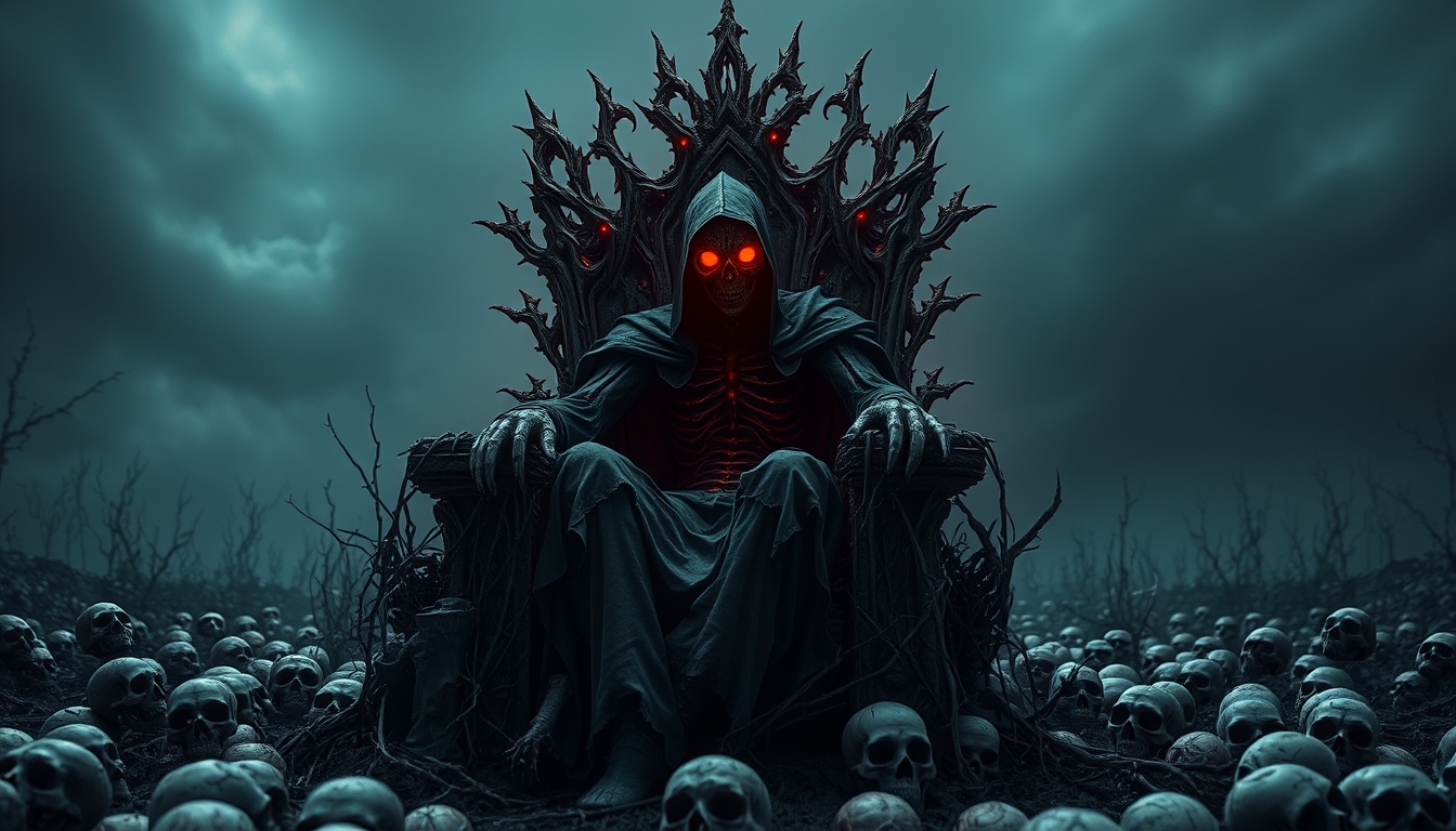 I used the Flux AI Image Generator to create this image of a dark scarecrow sitting on a throne made of thorns. The throne is in the middle of a wasteland surrounded by skulls. The scarecrow is looking directly at the viewer, and its eyes are glowing red. I think this image is very creepy, and I like the way the colors and lighting create a sense of atmosphere.