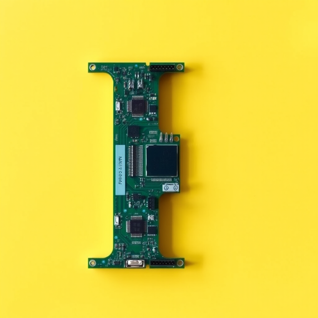 A letter "I" made of a computer motherboard, yellow background, realistic photograph.