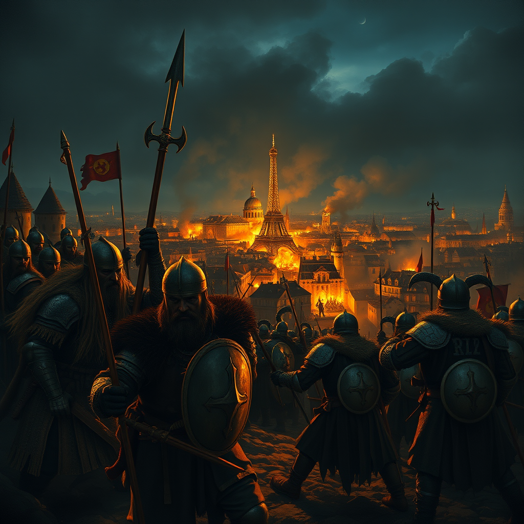 the siege of Paris by the Vikings in 845. night. battle. the city is burning.. Vikings in skins. Frenchmen in chain mail. - Image