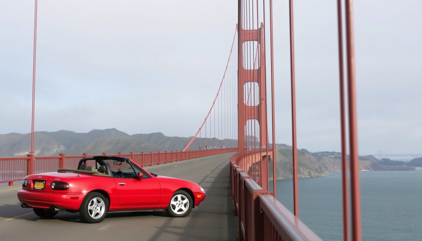 Red 1991 Mazda MX-5 on the Golden Gate Bridge. - Image