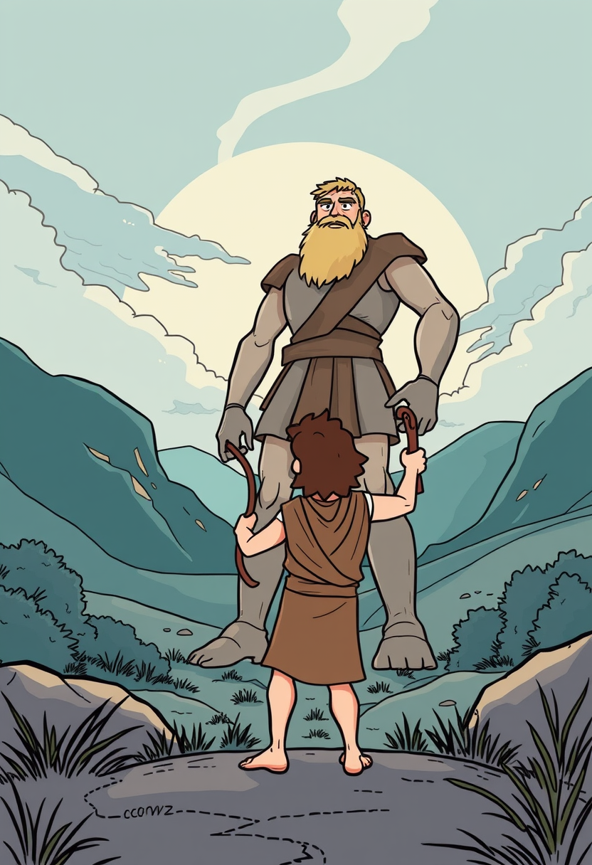 Illustrate the moment David faces Goliath, with David holding a slingshot and Goliath towering over him, set in a dramatic landscape. Cartoon style, thick lines, low details, no shading.