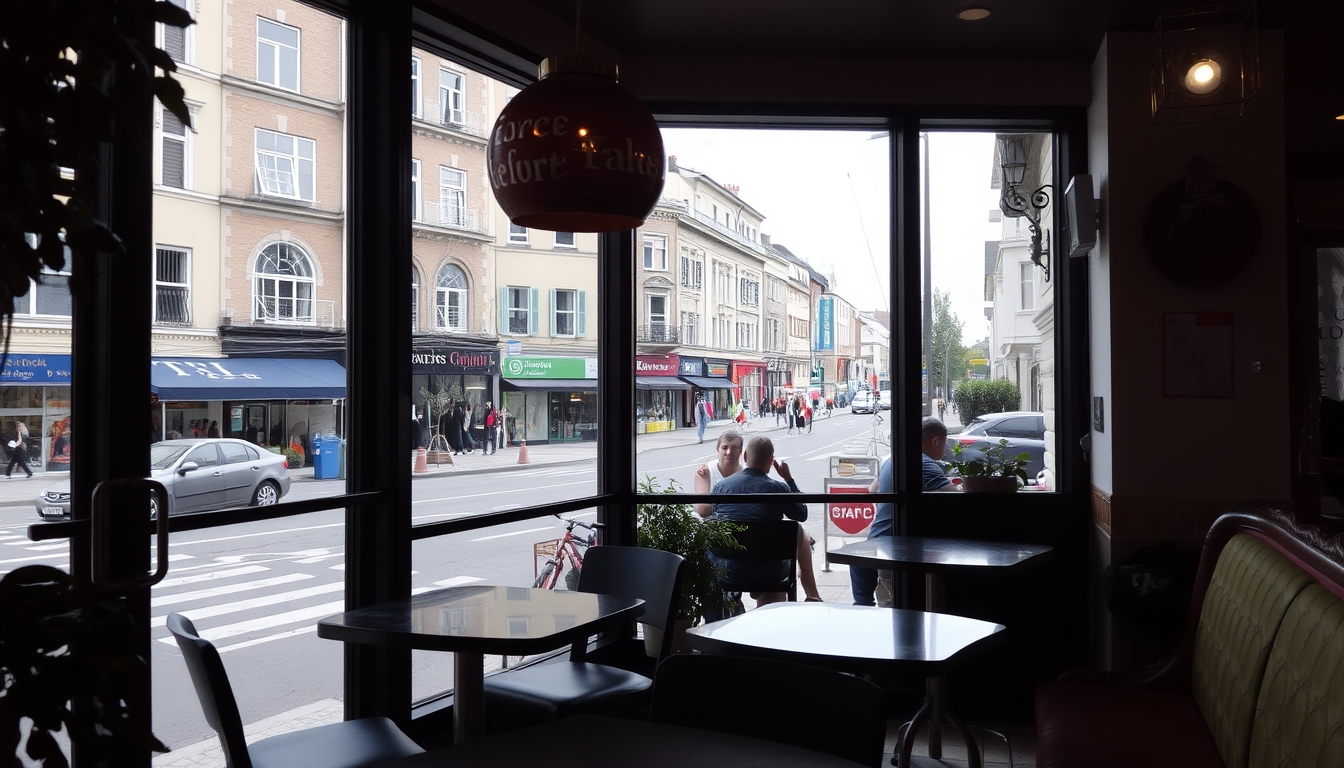 A cozy café with glass walls, offering a panoramic view of a bustling street. - Image