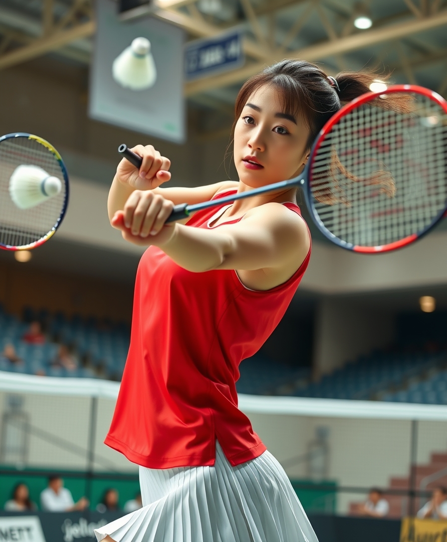 A detailed, realistic portrait of a young woman playing badminton in an indoor sports arena. The woman is wearing a bright red jersey and is mid-swing, her body in a dynamic, athletic pose as she focuses intently on the shuttlecock. The background is blurred, with glimpses of the court, net, and spectator stands visible. The lighting is natural and directional, creating shadows and highlights that accentuate the woman's features and muscular definition. The overall composition conveys a sense of energy, movement, and the intensity of the game. The image is highly detailed, with a photorealistic quality that captures the textures of the woman's clothing, skin, and the badminton equipment.

A woman with a beautiful face like a Japanese idol, she is wearing a white pleated skirt.

Badminton rackets and shuttlecocks with dynamic swings and motion blur. Depiction of the human body with a flawless personality. - Image