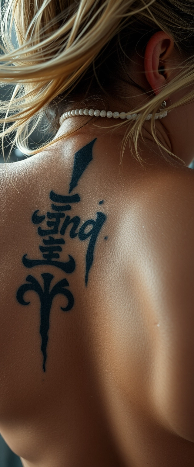 Close-up view of the tattooed back neck of a muscular Indian-Korean woman with white skin, her hair flying and sweating.