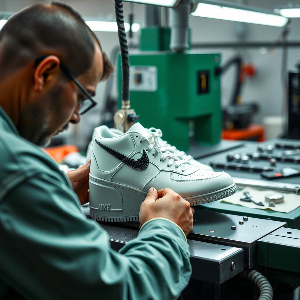 Cutting process for creating Nike shoes, but all machines. - Image