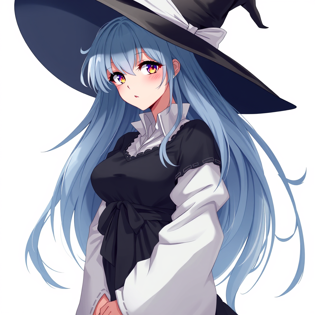 Anime art of a motherly woman witch, hairstyle, witch dress, natural reflective, detailed body, standing, white background, stunning details, trending on ArtStation, anime artwork, illustration quality, soft shadows. - Image