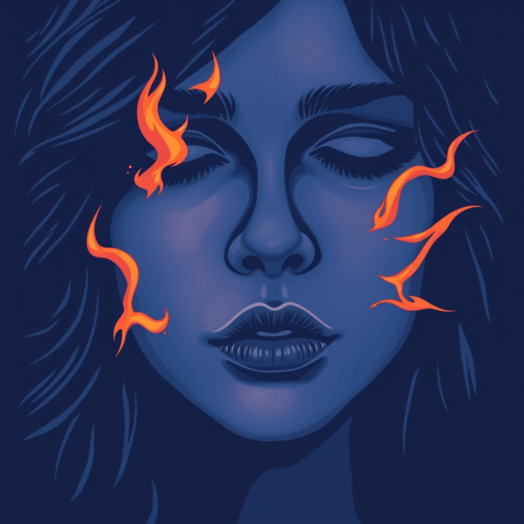 A tee shirt design featuring a close-up of a woman's face, inspired by the sun—something that feels passionate with whipping flames accenting it, but with a cool, almost sad color palette. Imagine deep blue with perhaps a touch of purple, but the entire design should convey a soulful essence. It should embody the sun in a deep, passionate, and soulful way. - Image