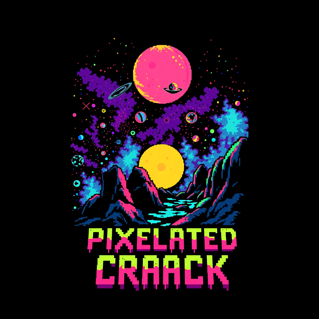 T-shirt design with a blocky colorful 8-bit style of death metal blended with chiptune. The visual should be unique and striking but macabre blended with beauty, and the band name is "Pixelated Crack" with a scene inspired by space. - Image