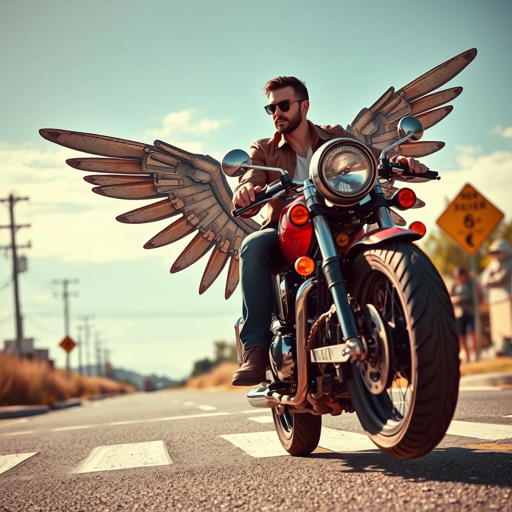 "At the crossroads, a handsome guy is riding a motorcycle, which has huge mechanical wings and has taken off."