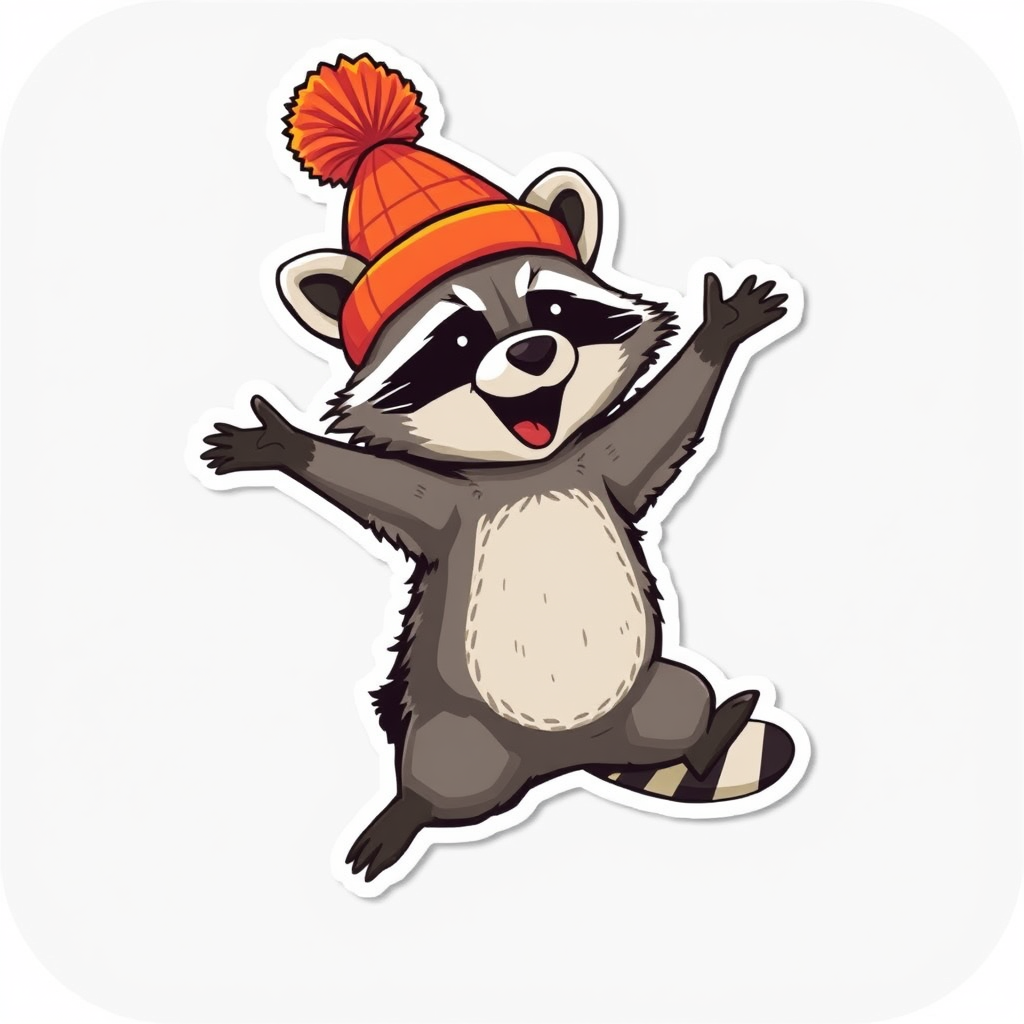 A raccoon in a bright pom-pom hat, jumping and dancing. It looks very cheerful and energetic. This sticker is perfect for expressing joy, celebration, or just to lift someone's spirits.