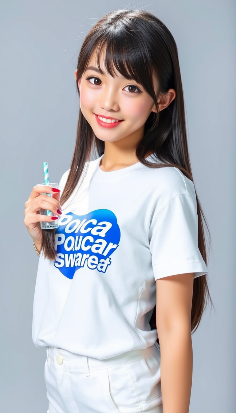 Pocari Sweat model, pure, holy smile, Korean, bishoujo, idol, K-pop, Korean hime cut (hime cut: black side bang long straight hair with bangs and short bold sidelocks), photo, studio lighting, 1 girl, cute face, perfect face, perfect eyes, perfect anatomy, white t-shirt, short pants. - Image