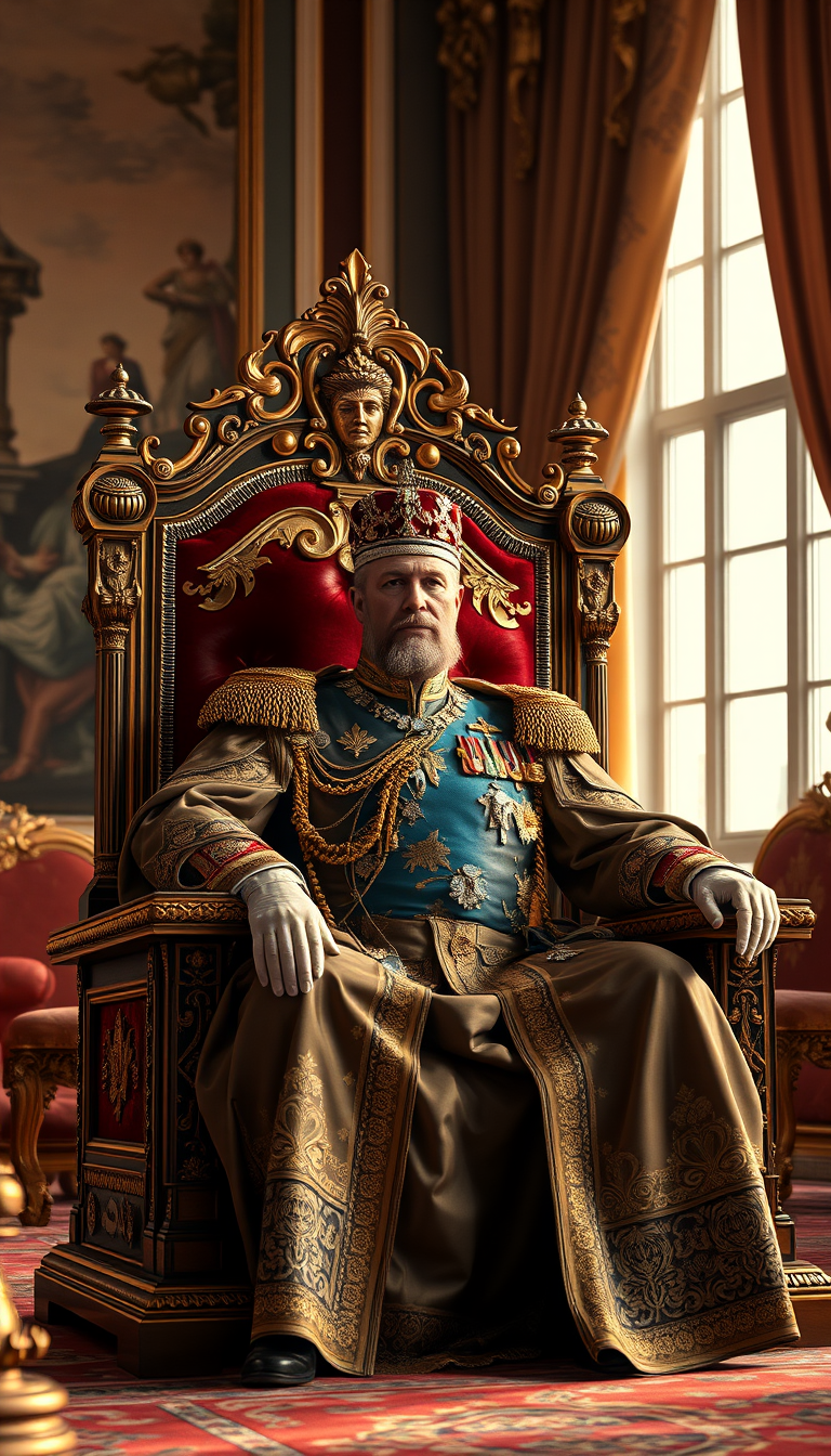 Main Character: Tsar Nicholas II of Russia, seated upon his opulent throne. He is dressed in full royal regalia, including elaborate robes adorned with jewels and embroidery, and a crown rests upon his head. His expression is stoic and regal, his posture upright and commanding, reflecting his authority and power. Background: The grand throne room of a Russian palace, richly decorated with ornate furnishings, tapestries, and gilded details. The throne itself is a masterpiece of craftsmanship, intricately carved and adorned with precious gems. Large windows allow natural light to flood the room, illuminating the scene and highlighting the richness of the surroundings. Visual Style: The visual style should mimic professional, cinematic photography, with a focus on sharp detail, realistic textures, and a deep, rich color palette. The image should evoke a sense of historical grandeur and convey the immense power and opulence of the Russian monarchy. Think of the rich, detailed style of classical paintings. The overall tone should be regal and imposing, with a focus on the Tsar as the central figure of power and authority. - Image