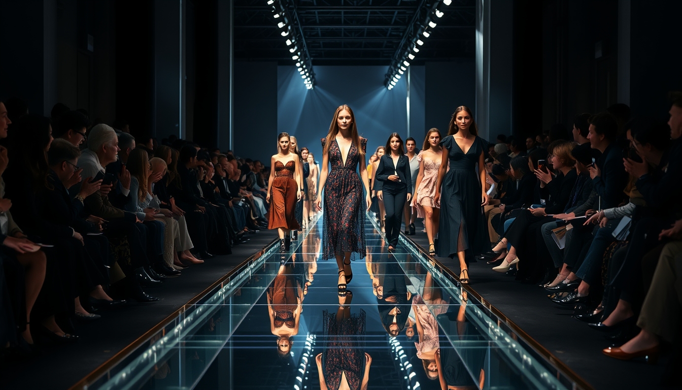 A high-end fashion show with models walking down a glass runway. - Image