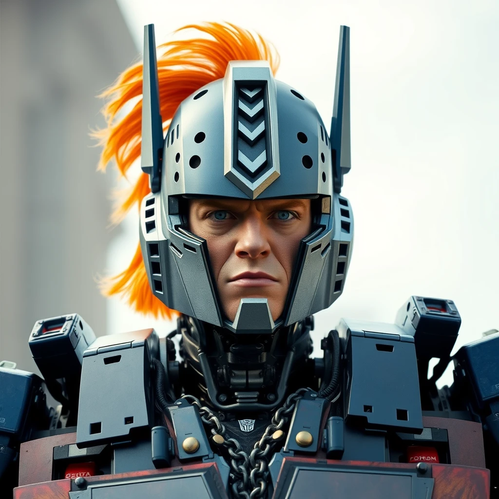 Optimus Prime with a human head, everything is robotic, but there is literally a human head with a goofy human face and orange hair that he's wearing. - Image