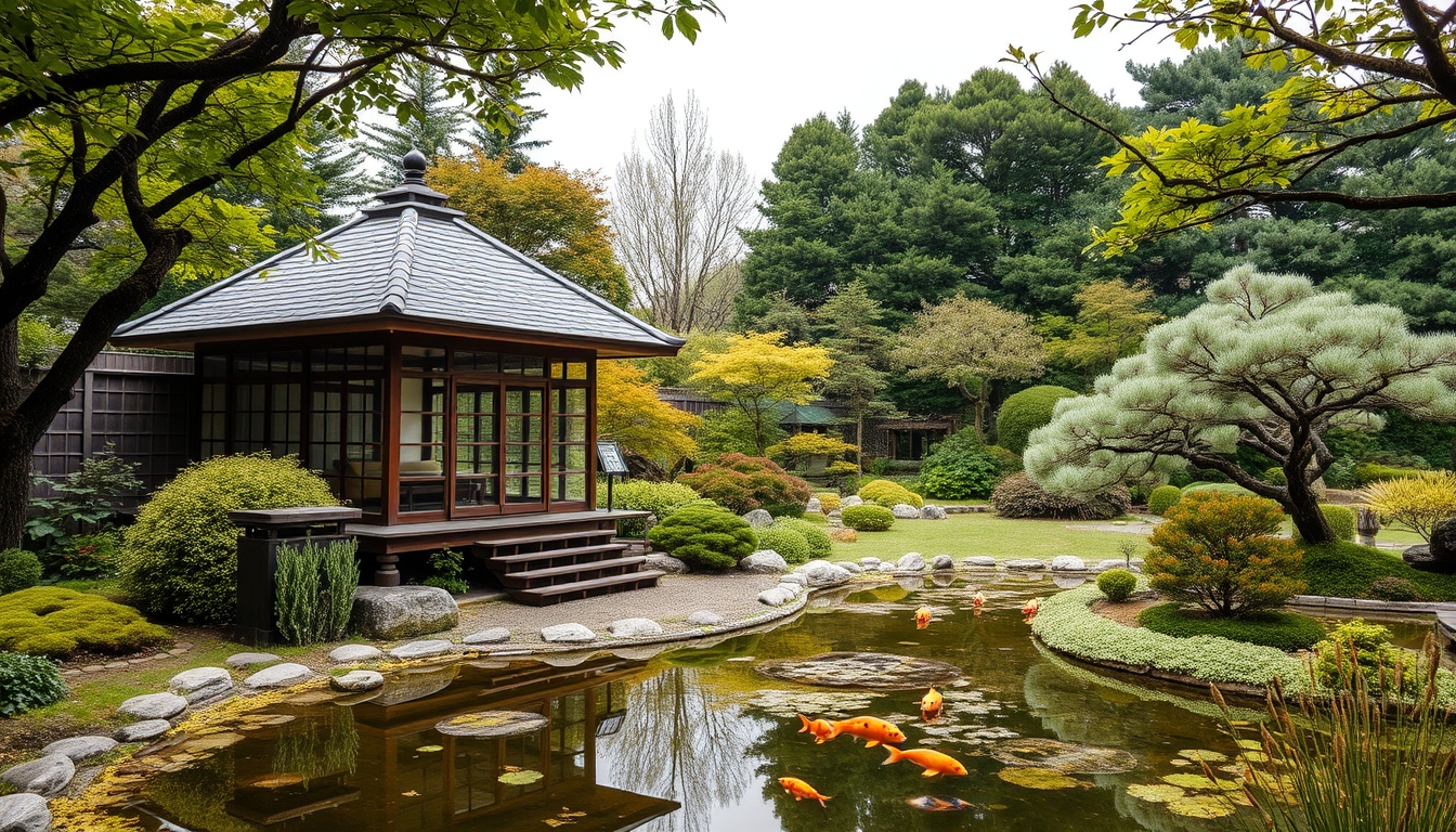 A serene Japanese garden with a glass teahouse overlooking a koi pond.